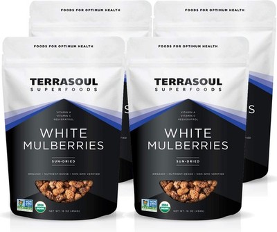 Organic Sun-dried White Mulberries, 4 Lbs (Pack of 4), Sweet Superfood Snacking,