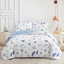 3-Piece Cotton Quilt Set Full/Queen, Vibrant Ocean Theme Starfish Whale Crab ...