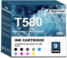 High-Capacity T580 Ink Cartridges Remanufac. Chip Compatible with Epson 9-Pack