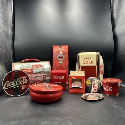 Vintage Coca Cola Advertising Lot Tin Lunchbox Opener Napkin Holder Tray-EL