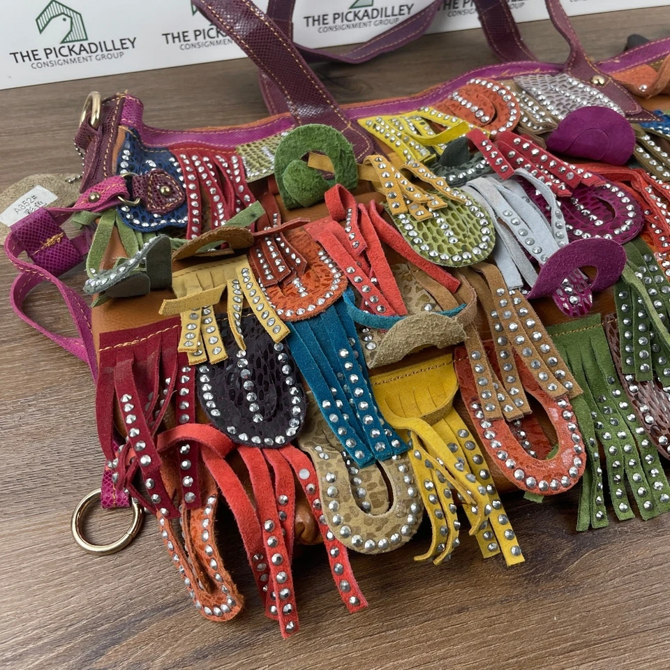 Vibrant Bohemian Fringe Beaded Leather Satchel Tote Bag Colorful Boho Festival - Image 2 of 4