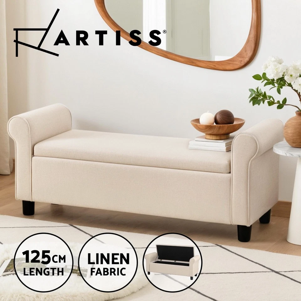 Artiss Storage Ottoman Blanket Box Bench 125cm Linen Arm Chest Foot Stool Taupe