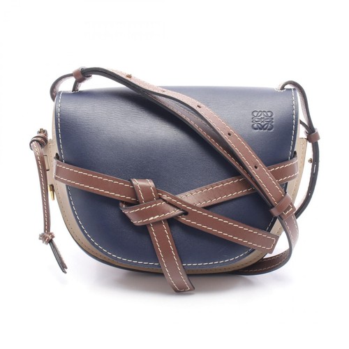 LOEWE Gate Small Shoulder Bag Navy Beige Leather Brown Strap Auth