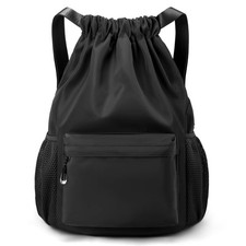 Black Drawstring Backpack for Women, Waterproof Drawstring Gym Bag for Men, S...