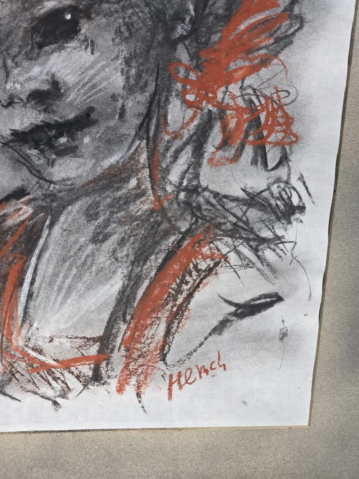 Arte abstracto vintage carbón y pastel retrato de un niño, firmado gallina Foto 4 de 4