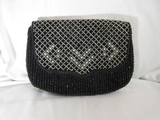 Nina Rhee Beaded Evening Bag Black Silver Clutch Shoulder Bag 7.75x5.75 VGUC