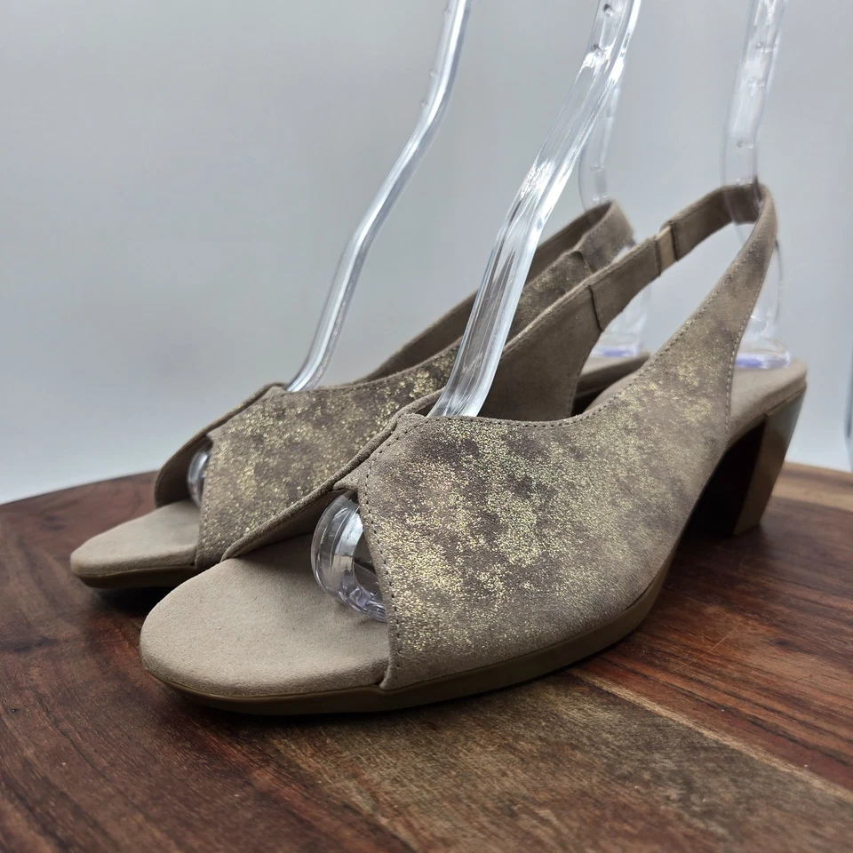 Zapatos de tacón Munro Rochelle para mujer 8,5 M color topo dorado brillante gamuza peep slingback Foto 4 de 4