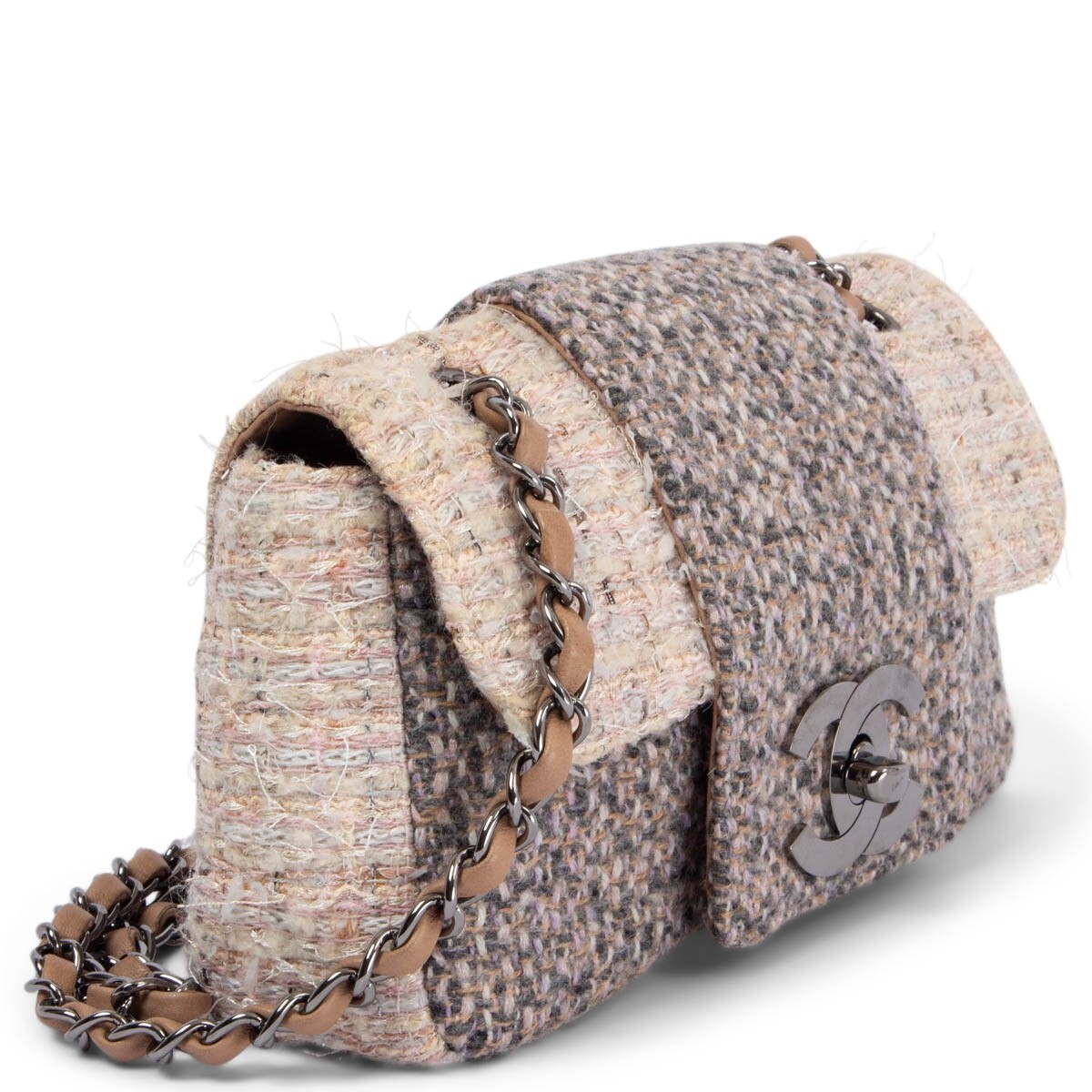 67540 auth CHANEL cream pink & grey 2004 SMALL TWEED FLAP Shoulder