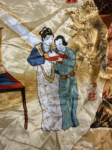 Vintage Lovely Asian Japanese Scene Cranes Geisha Children Silk Scarf 40" x 40" - Picture 13 of 18