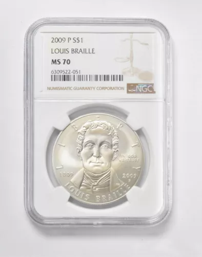 MS70 2009 P Louis Braille Commemorative $1 NGC Brown Label