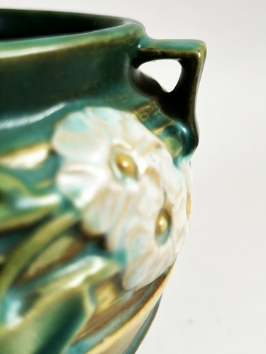 ROSEVILLE ART POTTERY LUFFA DECOR HANDLED JARDINIERE BOWL SHAPE 631-7 GREEN 1934 - Picture 14 of 21