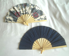 2 Blue White Fans Hand Bamboo Cloth Handmade Indonesia New Avenico Abenico 628R