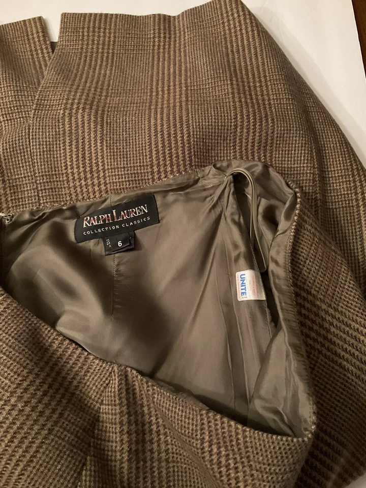 Ralph Lauren Wool Plaid Skirt Knee Length Lined Slit Pencil 6 knee length