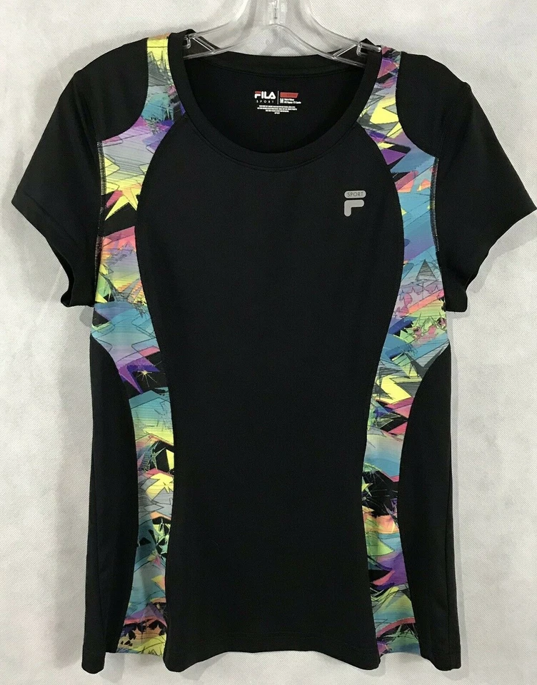 Top deportivo Fila entrenamiento negro elástico abstracto inserción manga corta talla M Foto 4 de 4