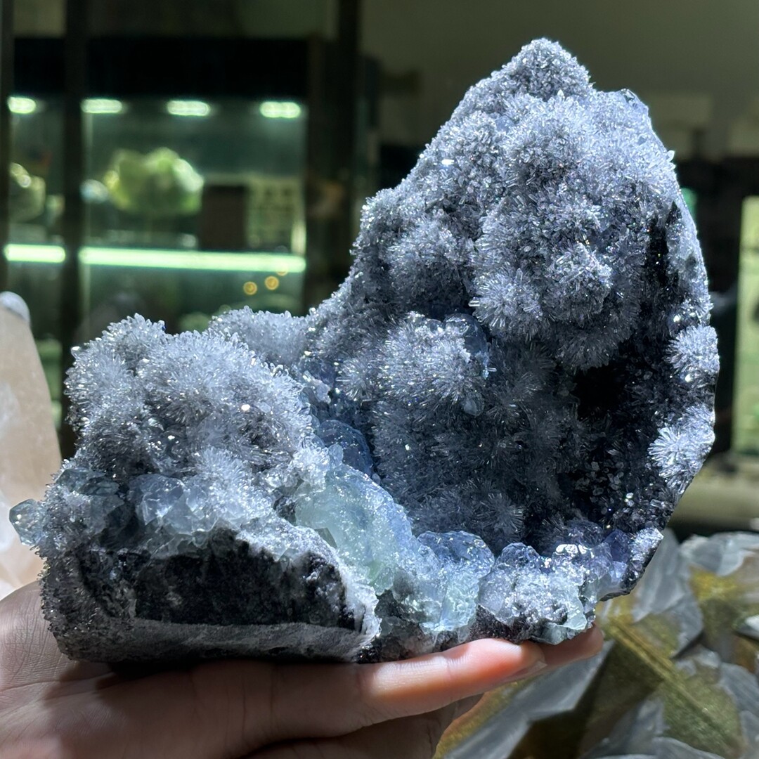 6LB Natural Fluorite Quartz Crystal Mineral Specimen with Display Stand