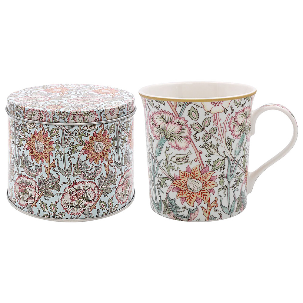 William Morris Pink & Rose Ceramic Mug in Round Tin Floral Set Vintage Flowers