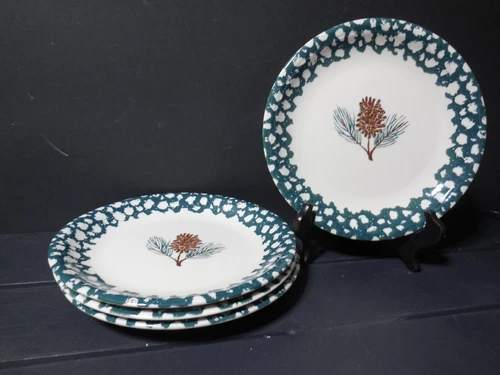 Set of 4 TIENSHAN PINE CONE Salad Plates Folkcraft Forest Green Spongeware (J22)