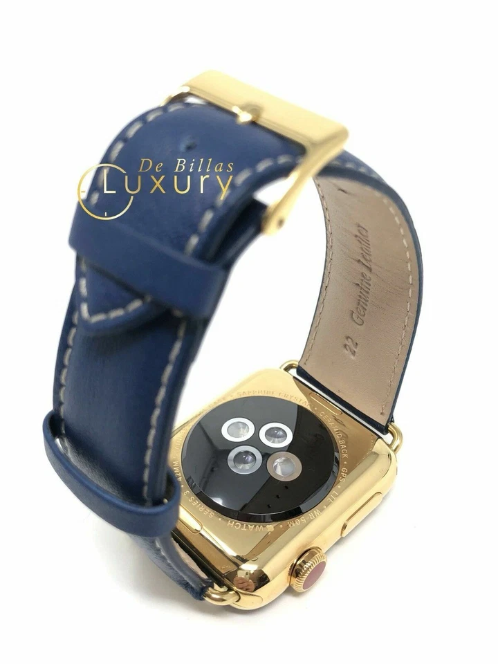 24K GOLD Plated 42MM Apple Watch SERIES 3 Blue Plain Leather Band - Image 2 of 4