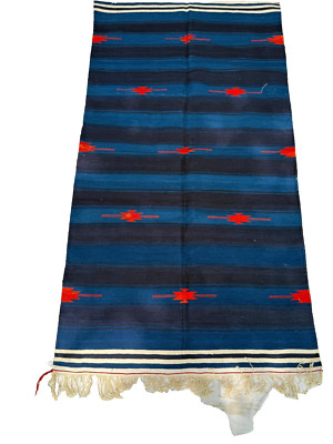 Vintage Indian Handwoven Cotton Rug | Tribal Dowry Textile | Blue & Red