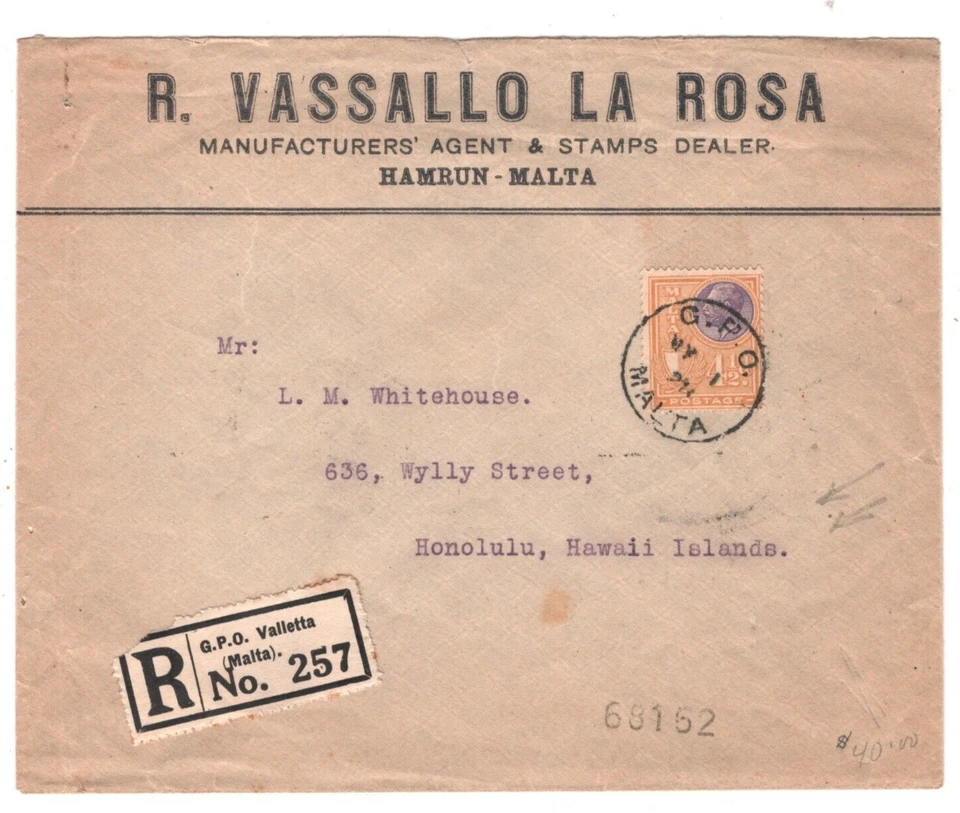 MALTA KGV Cover Registered USA HAWAII DESTINATION Honolulu 1928 {samwells}MA1800 - Image 2 of 4