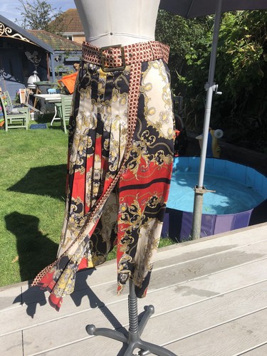 ZARA SIZE 8 MULTICOLOUR MIDI PLEAT SLIT SKIRT SILKY SCARF PRINTS WITH BELT - Picture 12 of 24