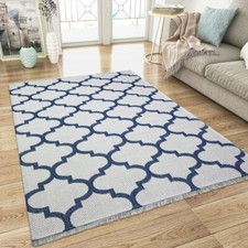 Cotton Rug Cream Blue Washable Moroccan Trellis with Tassels Large XL Small Mat