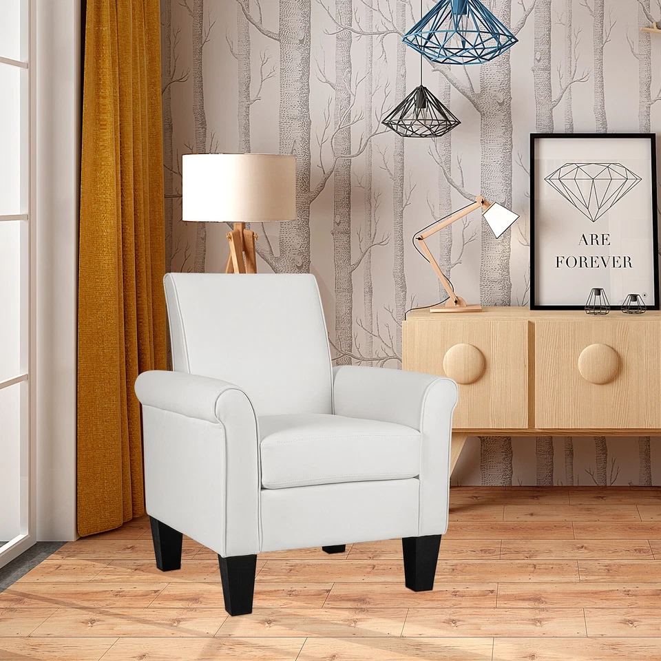 Modern Leather Accent Chairs White Living Room Armchair Bedroom Club Chair - Image 4 of 4