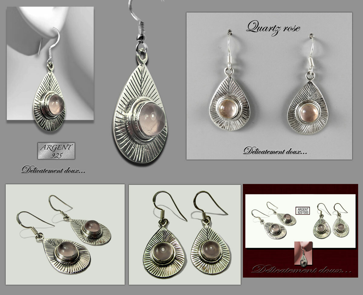 Boucles d'oreilles argent 925 quartz rose anti-allergie pour peau sensible