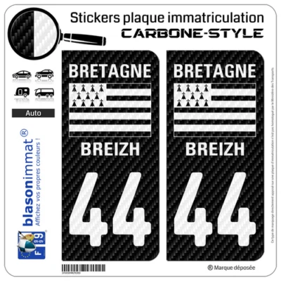 BLASONIMMAT 2 Stickers autocollants plaque d'immatriculation 44 Bretagne - LT Carbone-Style