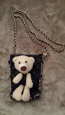 Mädchen Handtäschchen, gestepptes Kunstleder, schwarz, Teddy, Umhängekette gold - Bild 1 von 4