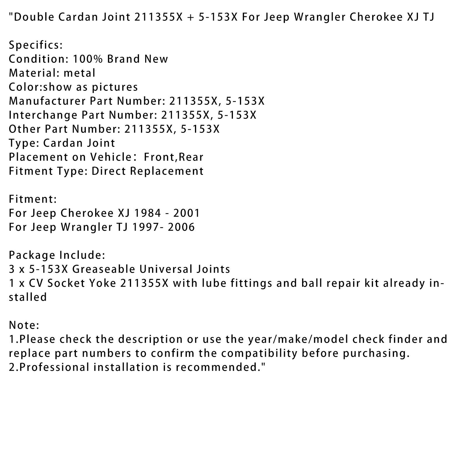 Double Cardan Joint 211355X + 5-153X For Jeep Wrangler Cherokee XJ TJ thumbnail 21