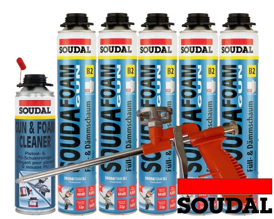SOUDAL Soudafoam B2 Pistolenschaum Set 5 Stück mit Schaumpistole compact + Reiniger
