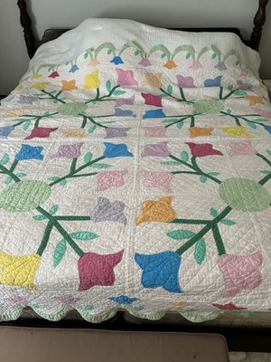 Vintage 1961 Handmade Tulip Quilt Signed Lula Clason Applique 84x88