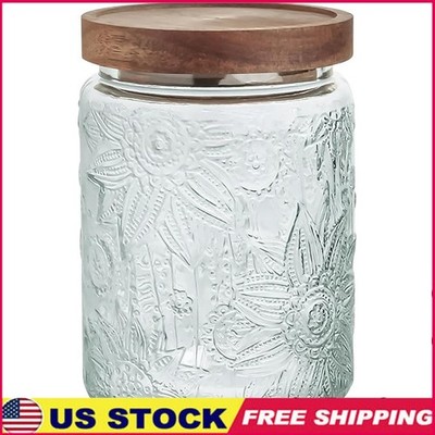 Vintage Glass Storage Jar W/ Airtight Wooden Lid Food Grade Kitchen Container US