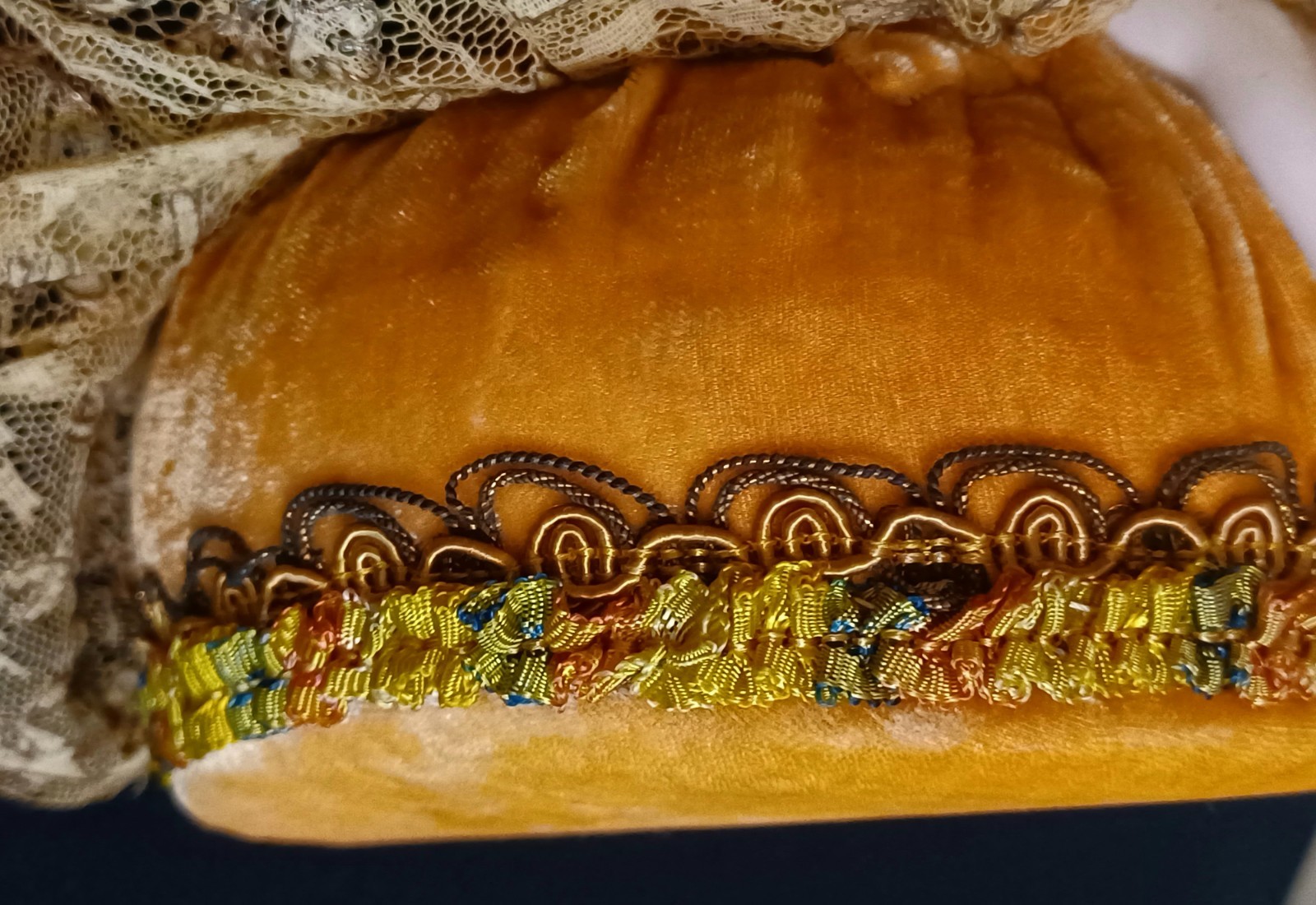 Antique Half Doll Porcelain Pin Cushion Hands/Legs/Hair/Brown Velvet Lace Dress 