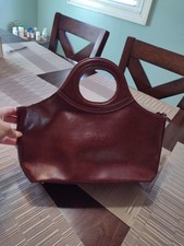 Vintage Leather Handbag Circle Handles dark brown And mahogany 14 x 11 1/2