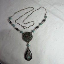 Nancy And Rise (NR) signed SilverTone Filigree Turquoise Bead Pendant Necklace