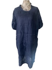 Flax by Jeanne Engelhart Vintage Linen Lagenlook Navy Midi  Dress Size Large