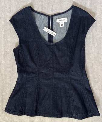 Madewell Denim Seamed Scoopneck Top Rinse Wash Rigid Dark Blue Sz. 00 $108 NX917