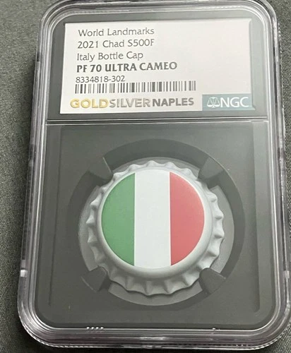 2021 Italy Silver Bottle Cap Chad S500F NGC PF70 Ultra Cameo World Landmarks