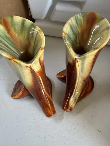 Handmade Ceramic Vases by Haeger Brown Green Beige Glossy Finish Pair