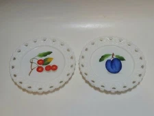 Vintage Kemple Fruit White Milkglass 7" Decorative Plates Red Cherries Blue Plum