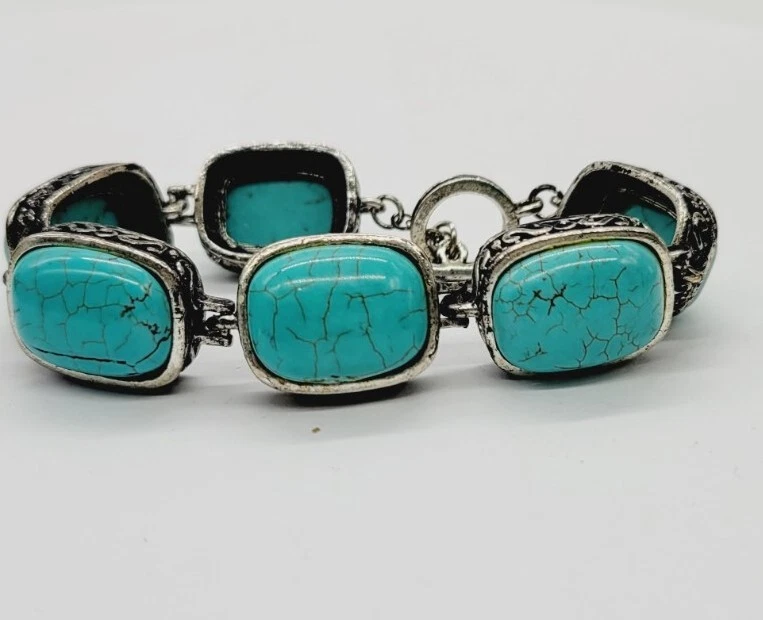 Faux Turquoise Rectangle Silver Tone Bracelet 7.5 in Boho Chunky Hippy - Image 2 of 4