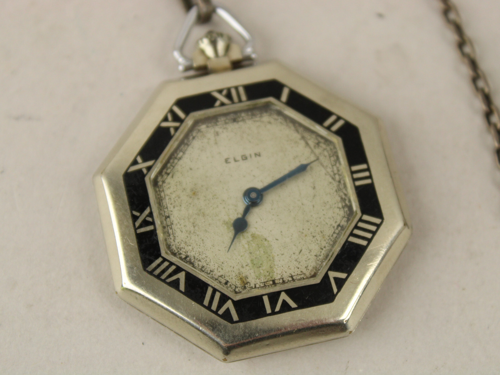 Antique Elgin 14k White GF Octagon Pocket Watch Hickok Sterling Silver