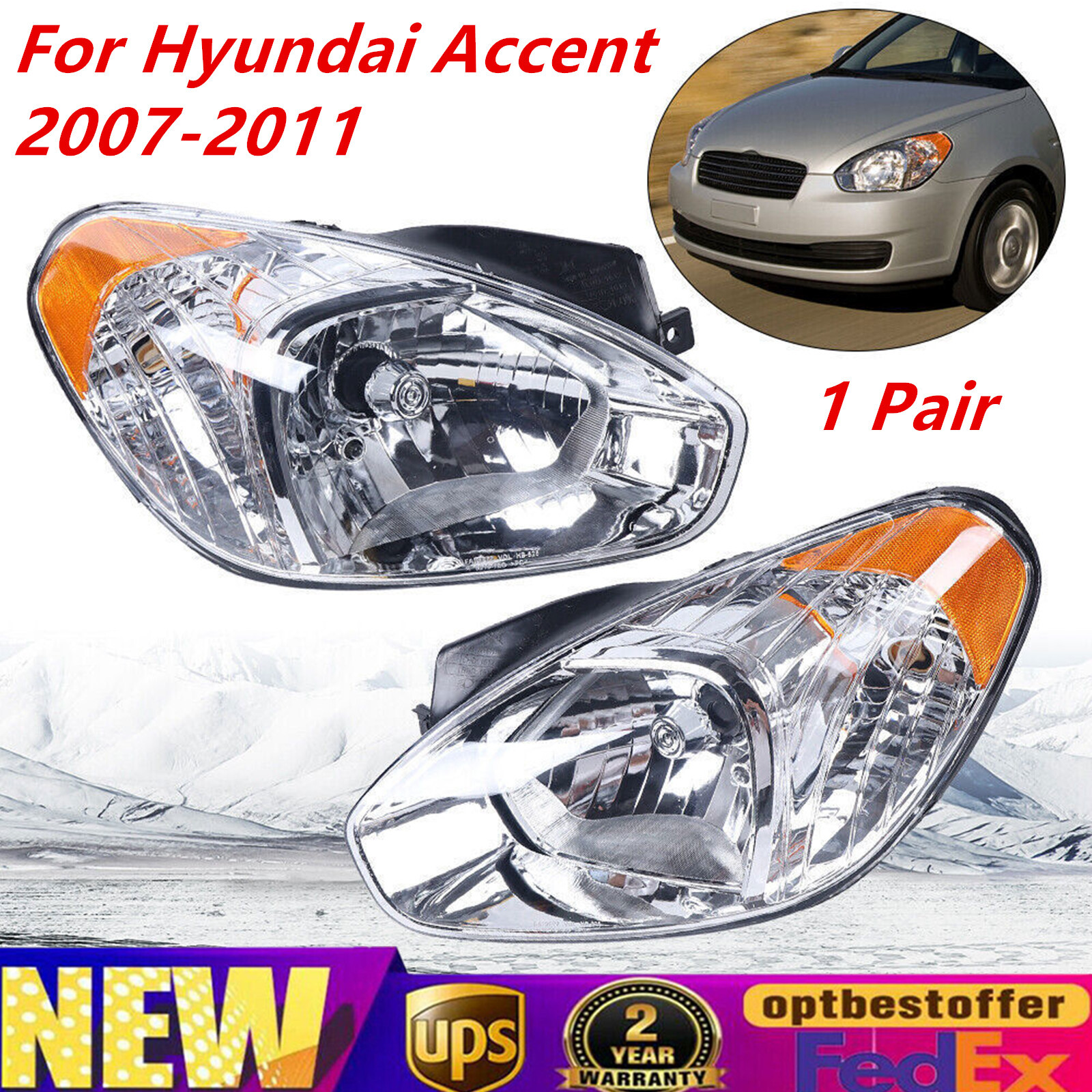 L+R Pair Headlight Set Assembly For 2006-2011 Hyundai Accent 2007 2008 2009 2010