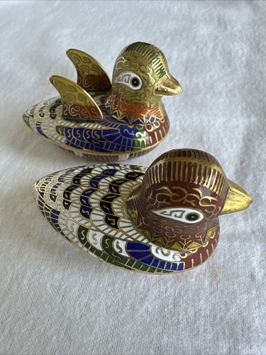 Coppia di scatole portagioie vintage Cloisonné ottone smaltato mandarino anatra uccellino con scatola - Foto 18 di 23
