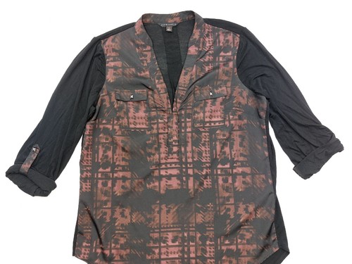 Rock & Republic Shirt Tunic Top Womens Medium Roll Tab Long Sleeve Black Red - Picture 3 of 12