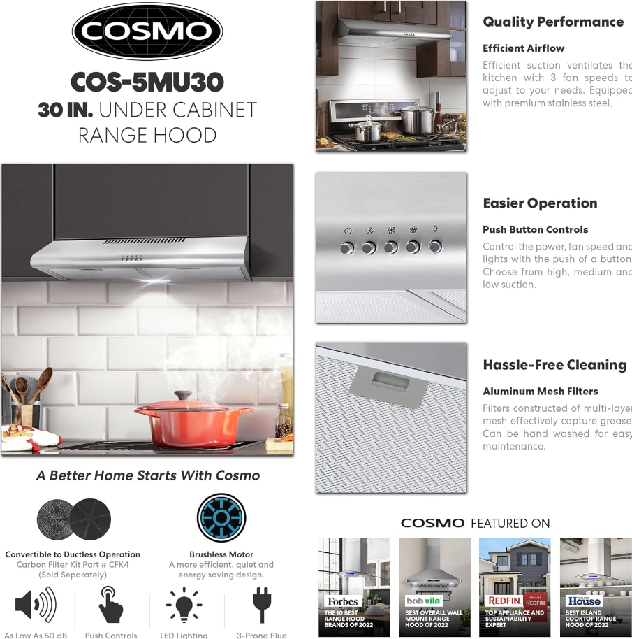 Cosmo 5MU30 30in Range Hood 200CFM Ducted/ Ductless