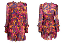 FARM RIO Pink Yellow Fruit Dream Long Sleeve Ruffle Pleated Mini Dress L = 12/14