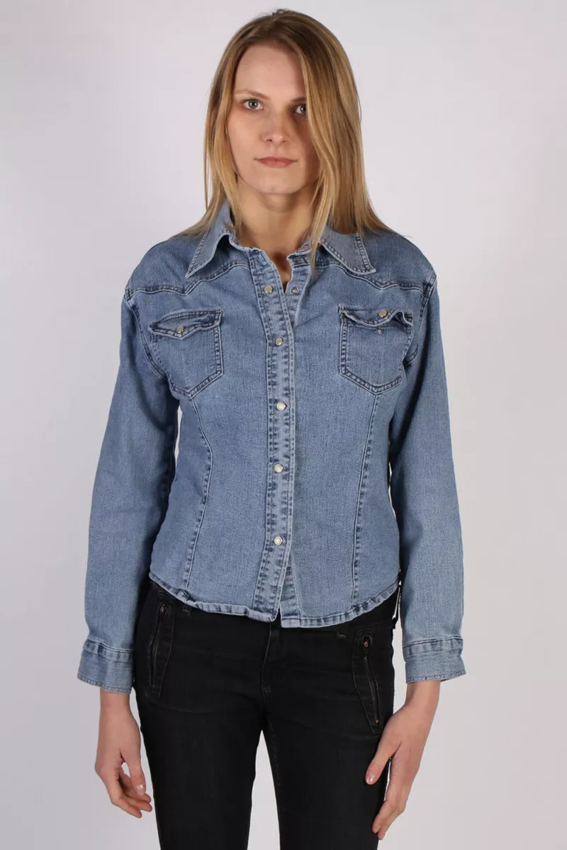 Women Denim Shirt Long Sleeve Blouse Vintage Blue Size M SH3068